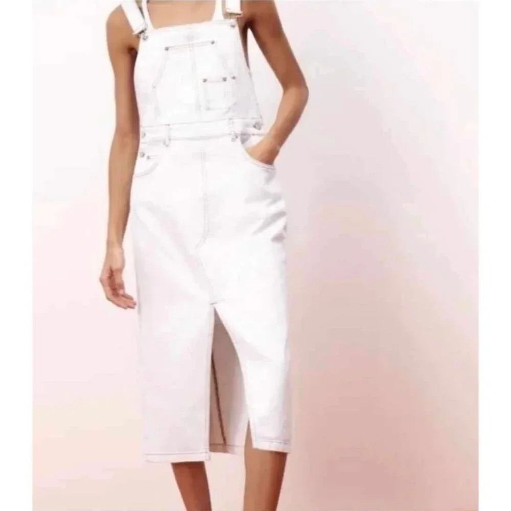 Zara Off White Brown Stitches Denim Overall Dress Bib Skirt Size Medium - Picture 14 of 14